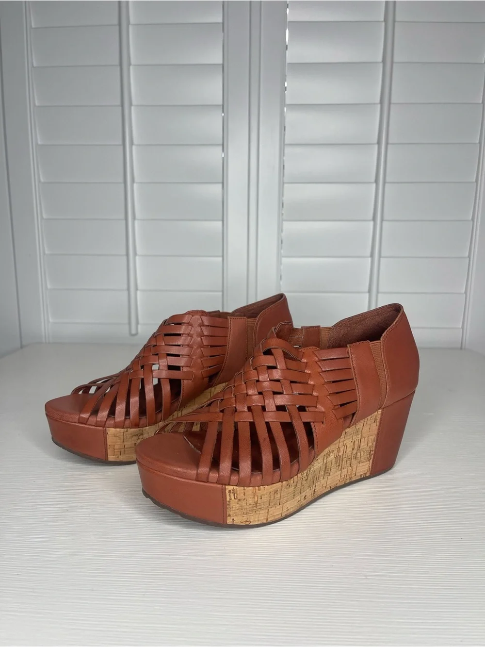 Chocolat Blu Woven Leather Cork Wedge Sandals - Cognac
